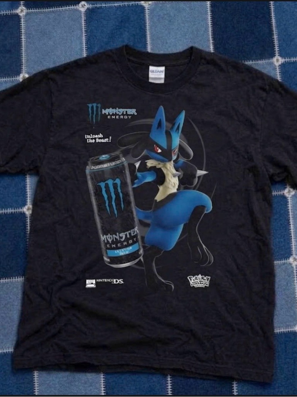 Black Short Sleeve Tee with Blue Lucario & Monster Energy Graphic